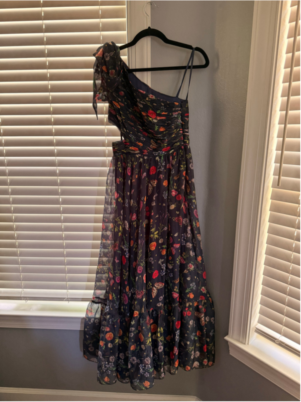 Women's Mac Duggal One Shoulder Floral Maxi Dress Navy Multicolor Sz4 - Picture 6 of 9